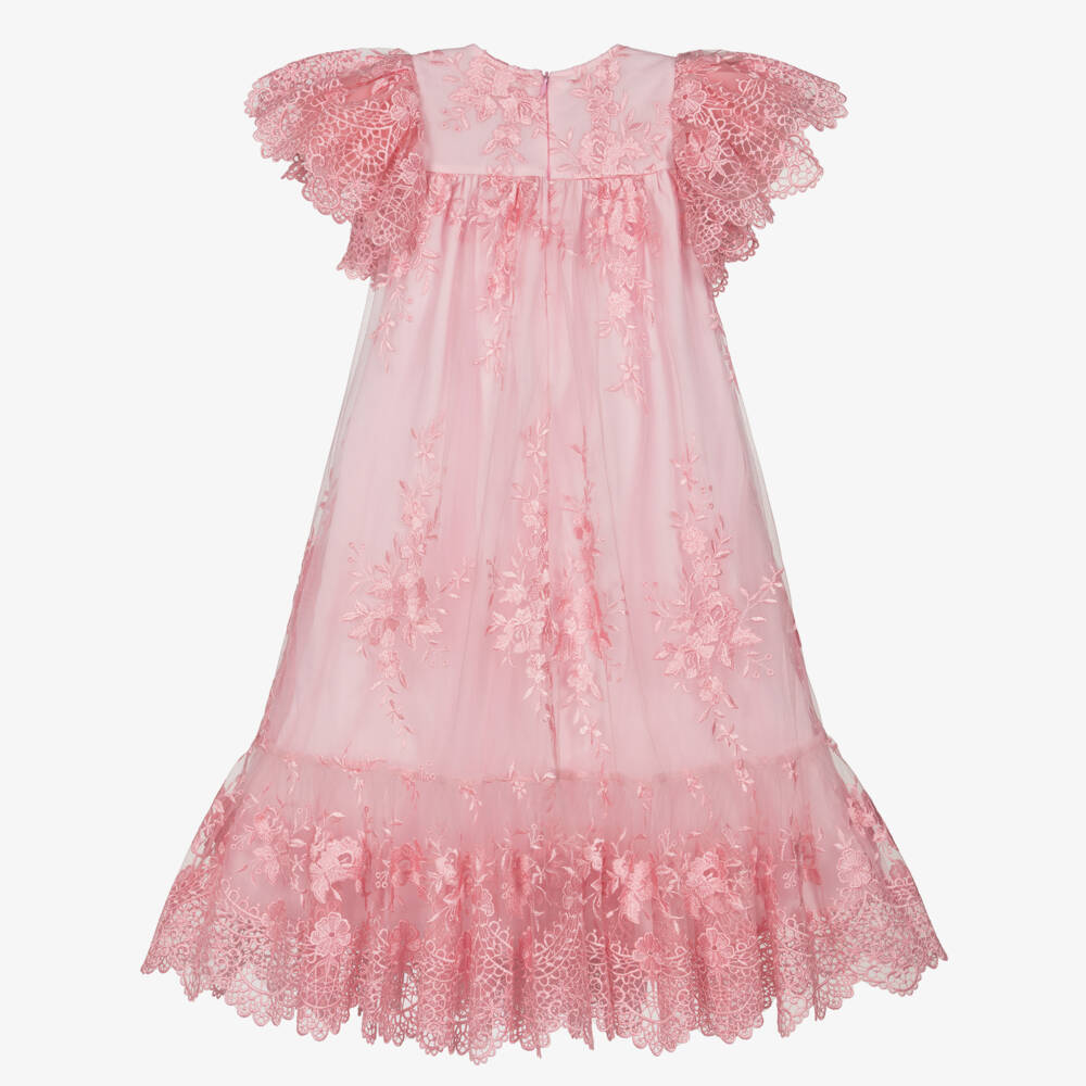 Petite Amalie-Girls Pink Embroidered Tulle Dress with Angel Sleeves | Childrensalon Outlet