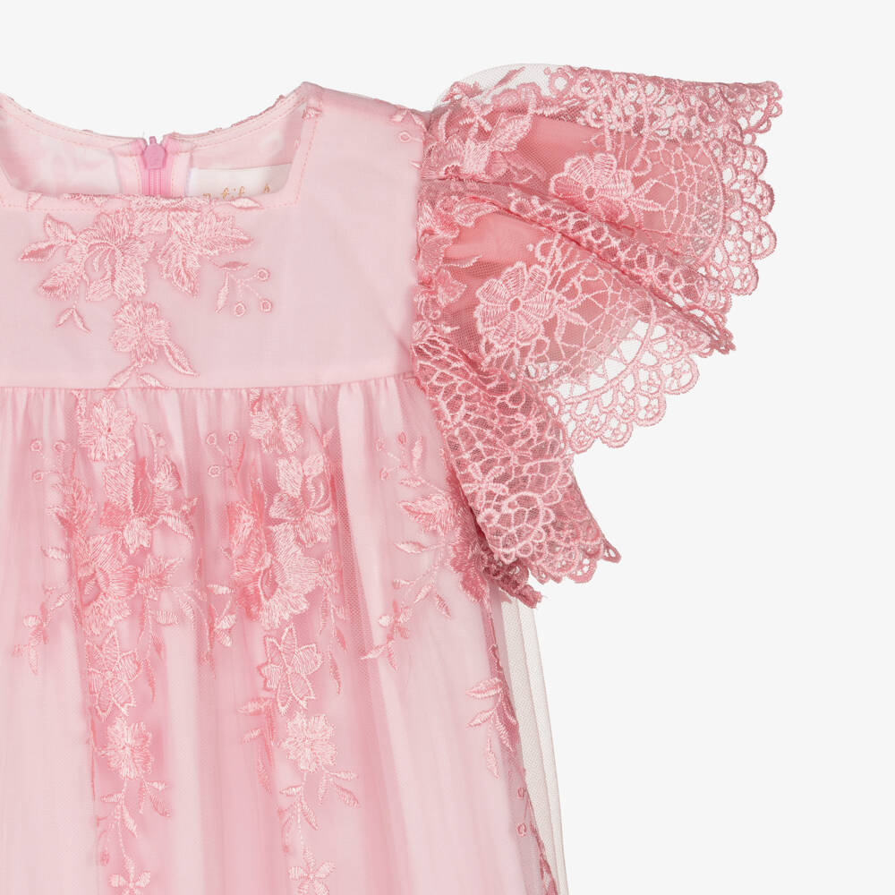 Petite Amalie-Girls Pink Embroidered Tulle Dress with Angel Sleeves | Childrensalon Outlet