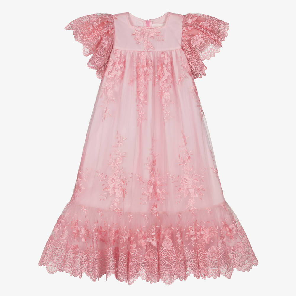 Petite Amalie-Girls Pink Embroidered Tulle Dress with Angel Sleeves | Childrensalon Outlet