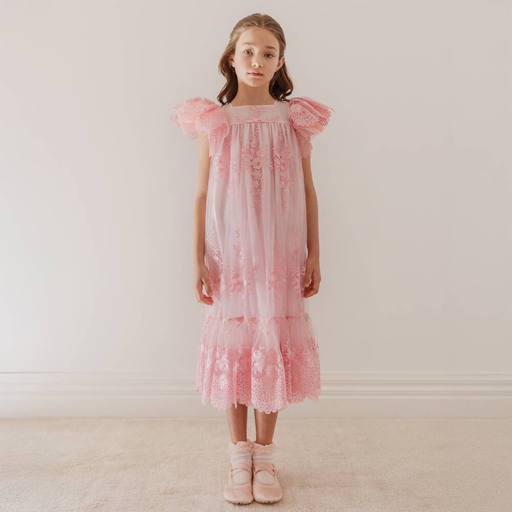 Petite Amalie-Girls Pink Embroidered Tulle Dress with Angel Sleeves | Childrensalon Outlet