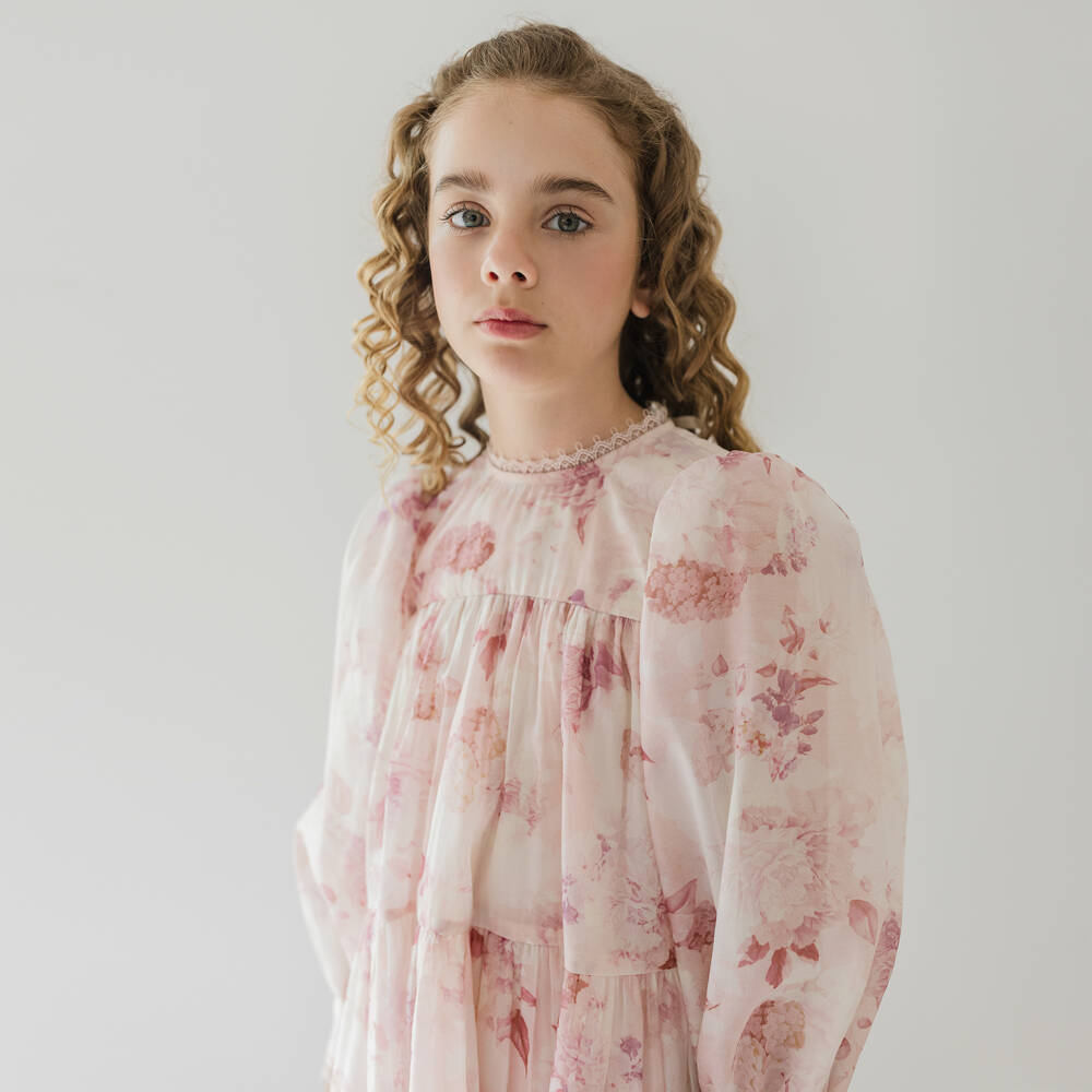 Petite Amalie-Girls Pink Floral Cotton Dress with Lace Trim | Childrensalon Outlet