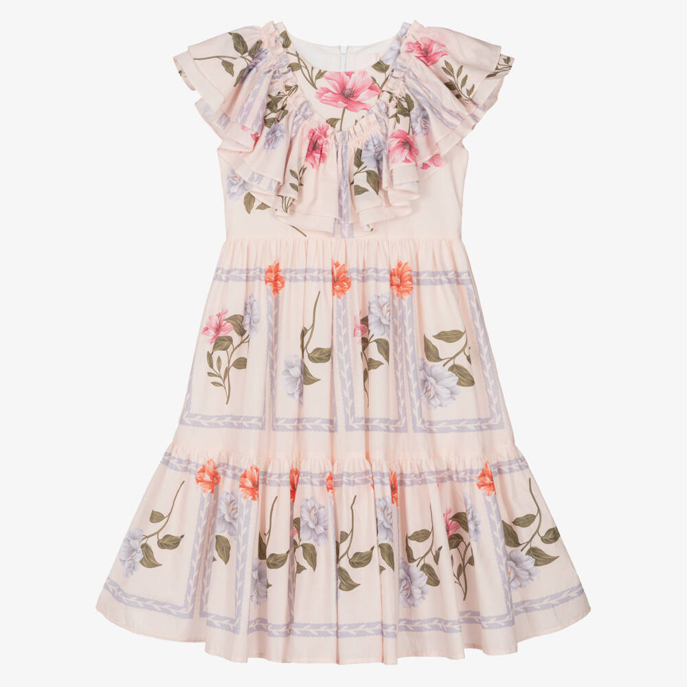 Petite Amalie-Girls Pink Floral Ruffled Cotton Dress | Childrensalon Outlet