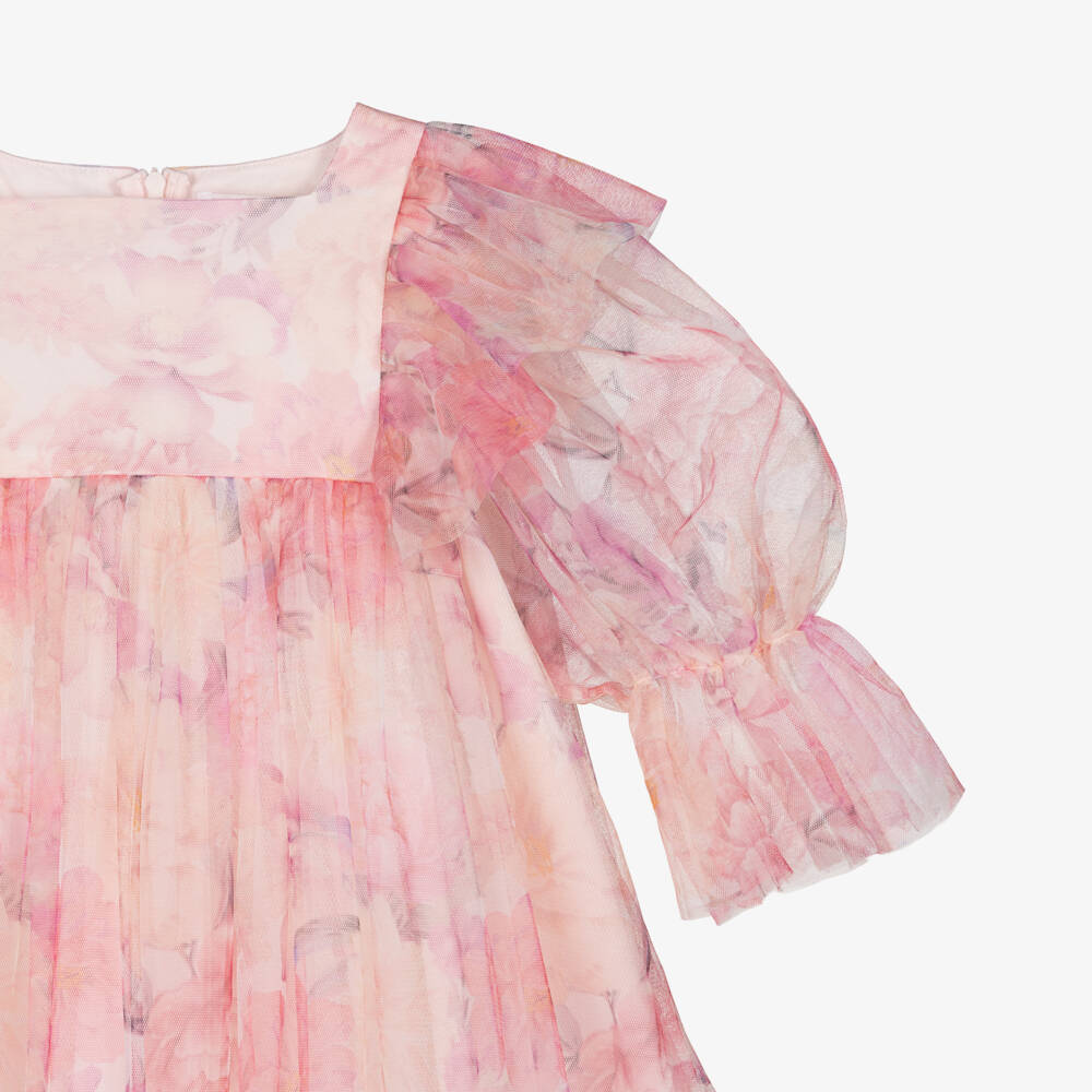 Petite Amalie-Girls Pink Floral Tulle Dress with Ruffle Trim | Childrensalon Outlet