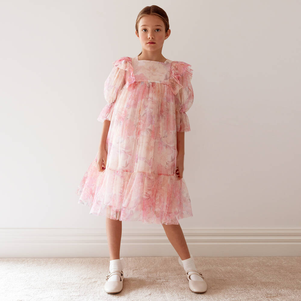 Petite Amalie-Girls Pink Floral Tulle Dress with Ruffle Trim | Childrensalon Outlet