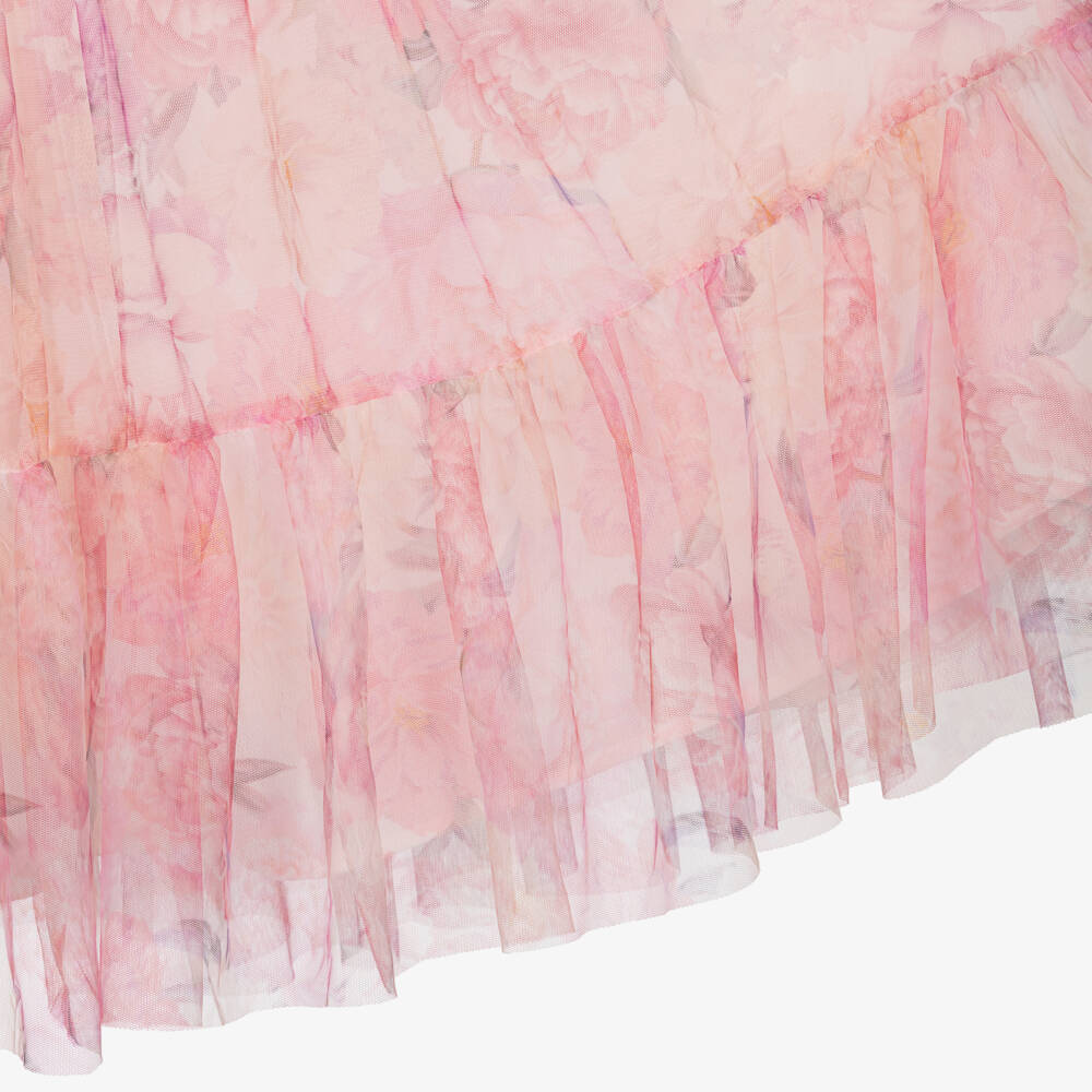 Petite Amalie-Girls Pink Floral Tulle Dress with Ruffle Trim | Childrensalon Outlet