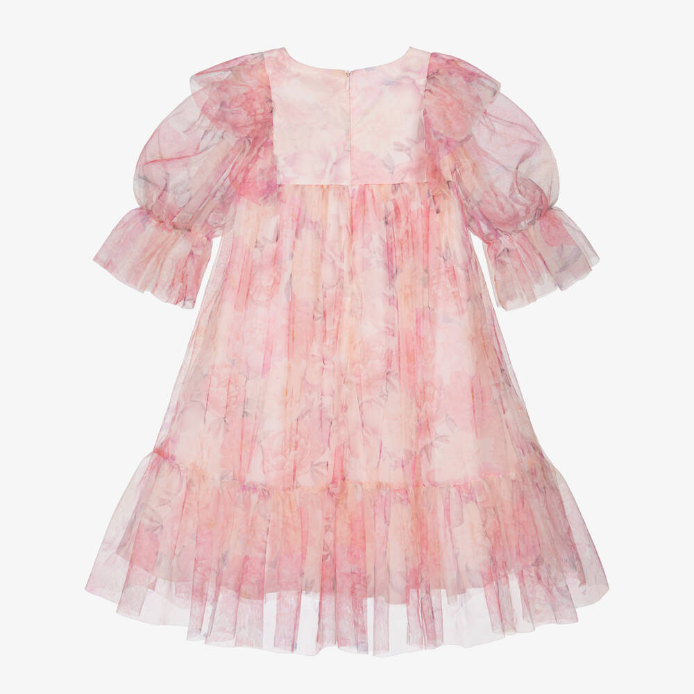 Petite Amalie-Girls Pink Floral Tulle Dress with Ruffle Trim | Childrensalon Outlet