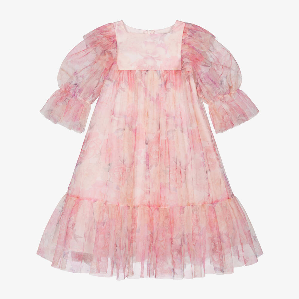 Petite Amalie-Girls Pink Floral Tulle Dress with Ruffle Trim | Childrensalon Outlet