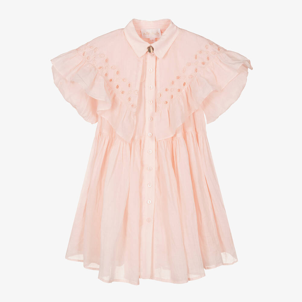 Petite Amalie - Girls Pink Linen Puffed Sleeve Dress | Childrensalon Outlet