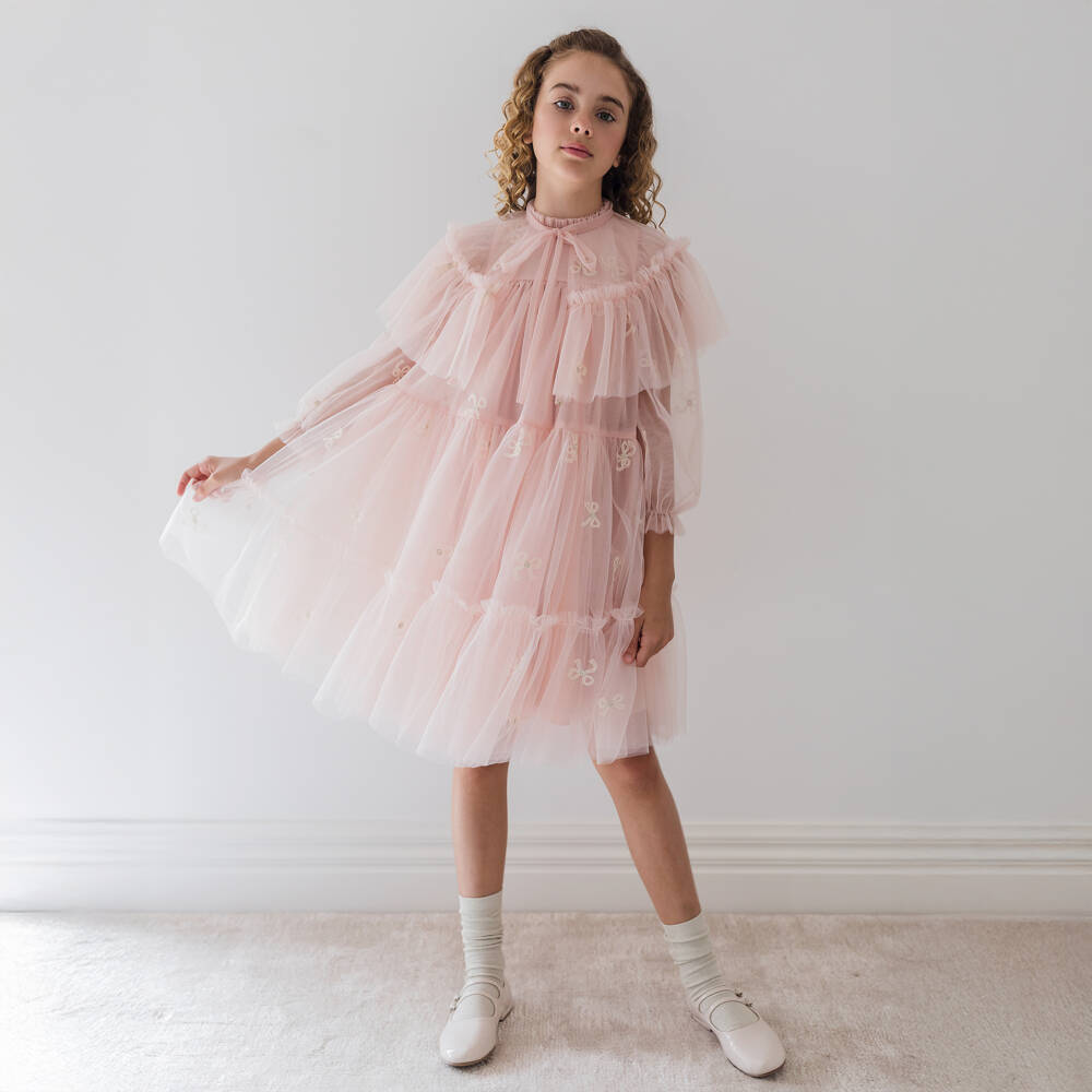 Petite Amalie-Girls Pink Ruffle Tulle Dress & Cape Set | Childrensalon Outlet
