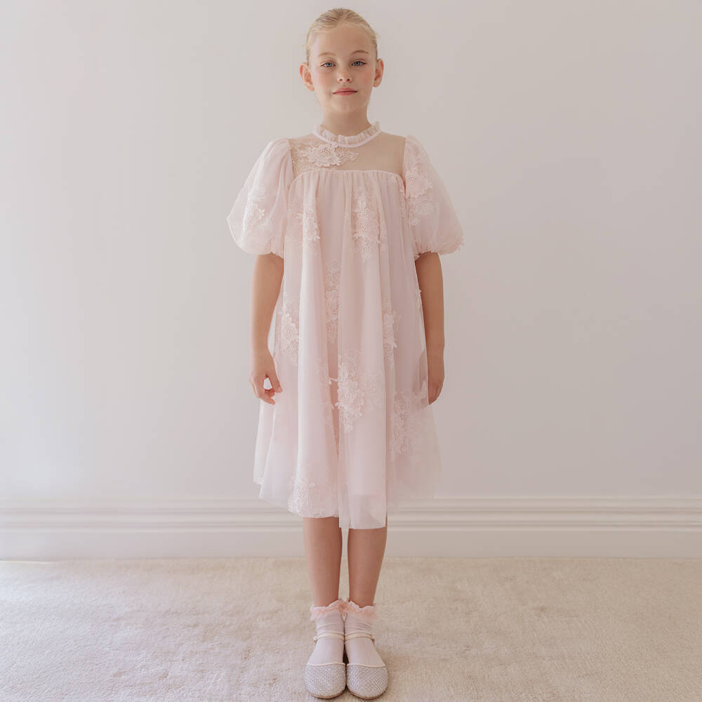 Petite Amalie-Girls Pink Tulle Dress with Floral Embroidery | Childrensalon Outlet