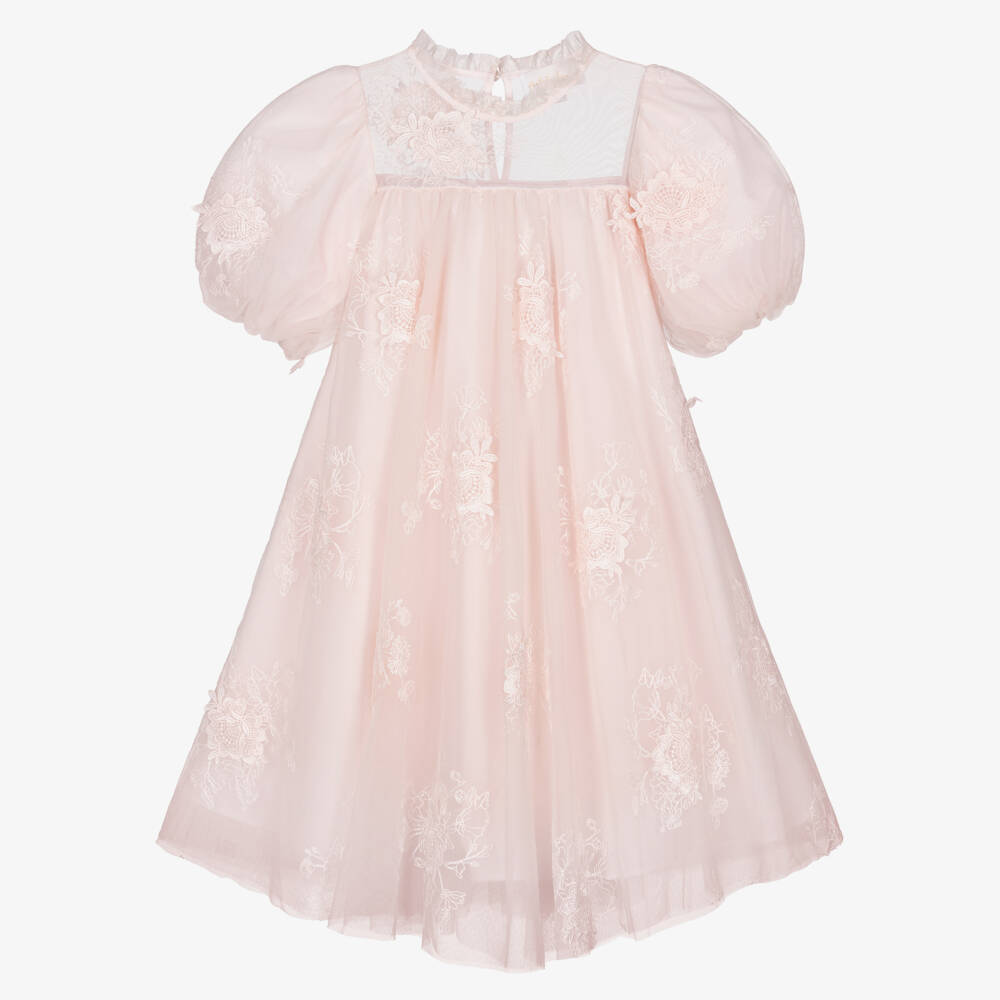 Petite Amalie-Girls Pink Tulle Dress with Floral Embroidery | Childrensalon Outlet