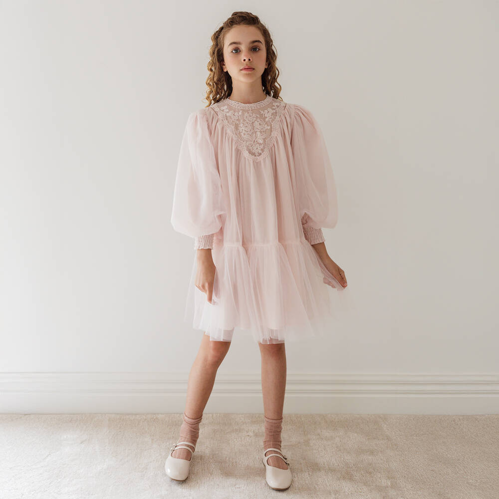 Petite Amalie-Girls Pink Tulle & Embroidered Lace Dress | Childrensalon Outlet