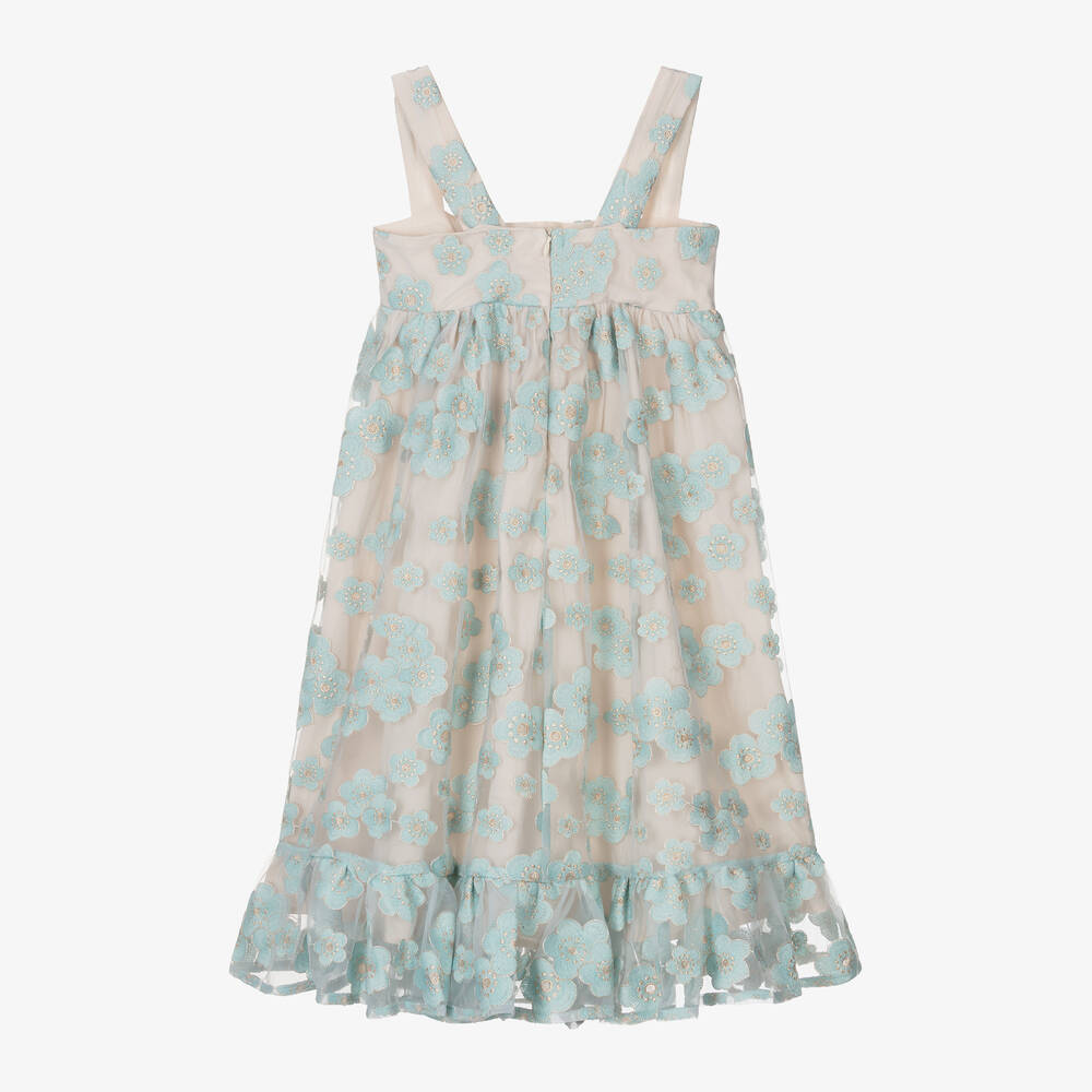 Petite Amalie - Girls Turquoise Blue Embroidered Tulle Dress ...