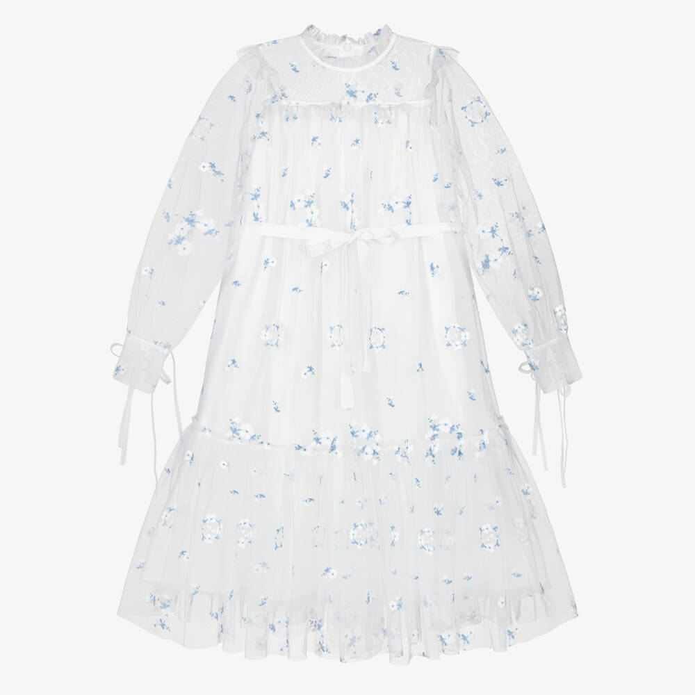 Petite Amalie-Girls White & Blue Embroidered Floral Tulle Dress | Childrensalon Outlet