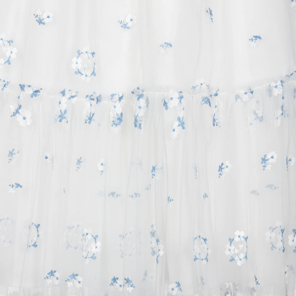 Petite Amalie-Girls White & Blue Embroidered Floral Tulle Dress | Childrensalon Outlet