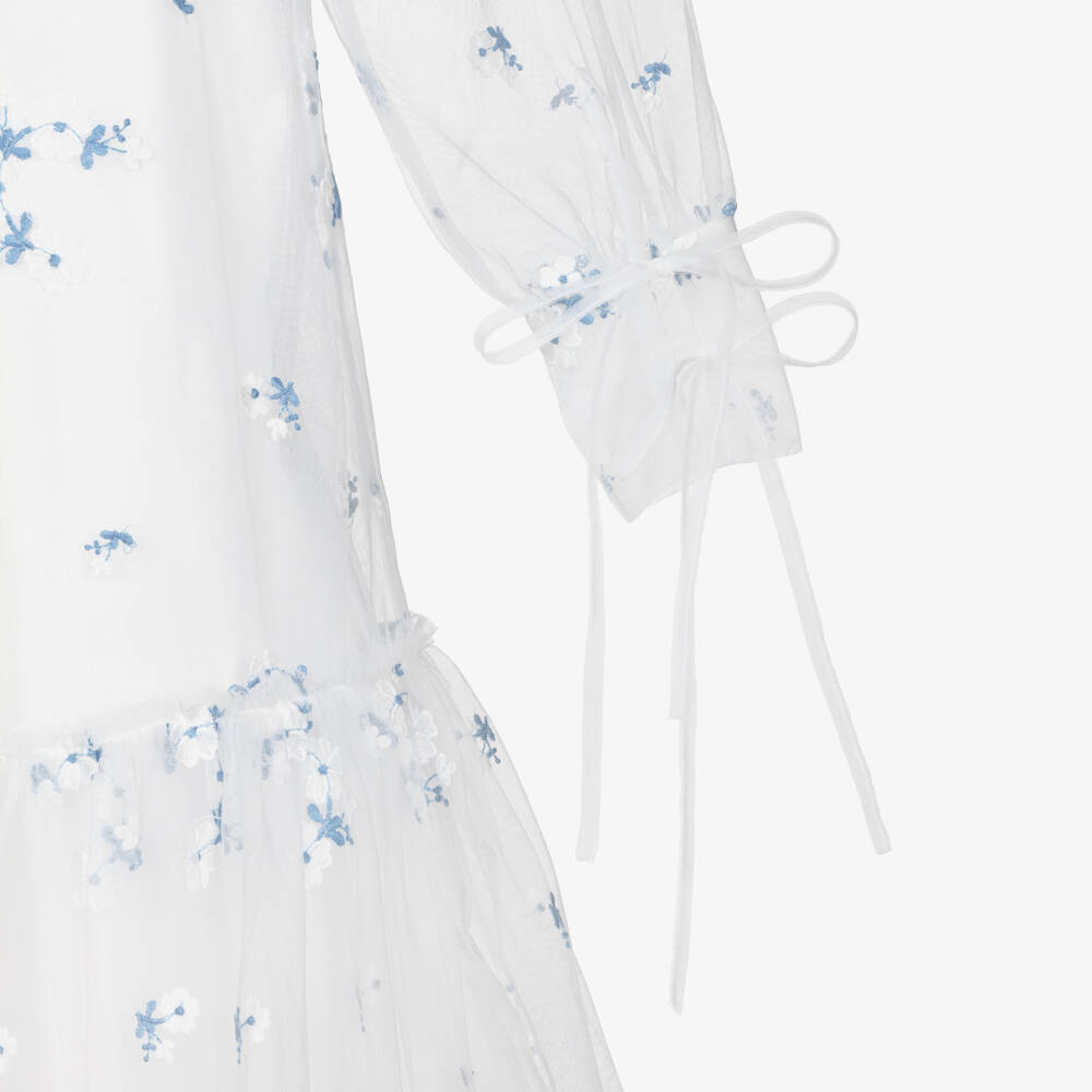 Petite Amalie-Girls White & Blue Embroidered Floral Tulle Dress | Childrensalon Outlet