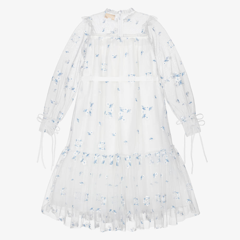 Petite Amalie-Girls White & Blue Embroidered Floral Tulle Dress | Childrensalon Outlet