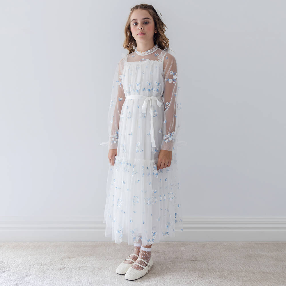 Petite Amalie-Girls White & Blue Embroidered Floral Tulle Dress | Childrensalon Outlet