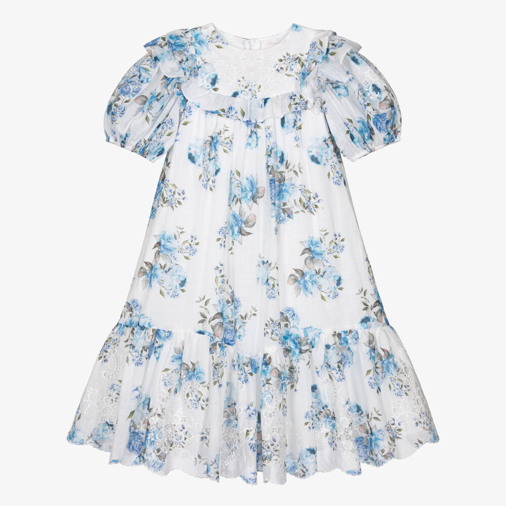 Petite Amalie-Girls White & Blue Floral Print Cotton Dress | Childrensalon Outlet