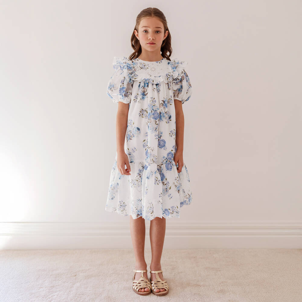 Petite Amalie-Girls White & Blue Floral Print Cotton Dress | Childrensalon Outlet