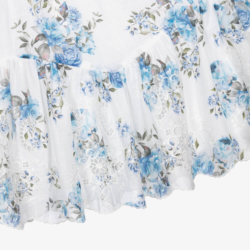 Petite Amalie-Girls White & Blue Floral Print Cotton Dress | Childrensalon Outlet