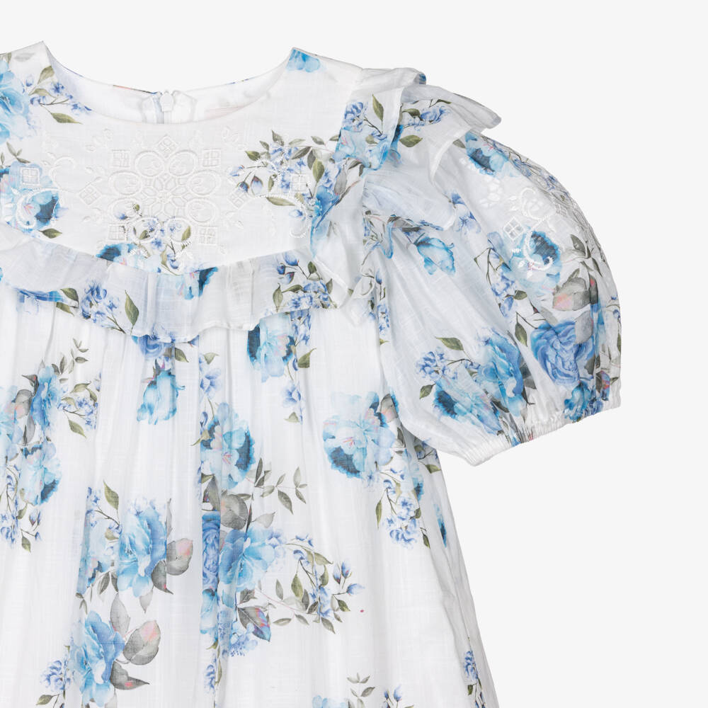 Petite Amalie-Girls White & Blue Floral Print Cotton Dress | Childrensalon Outlet