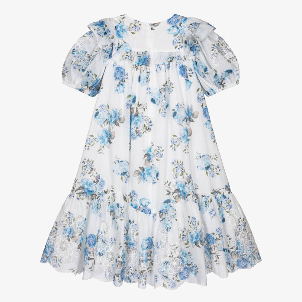 Petite Amalie-Girls White & Blue Floral Print Cotton Dress | Childrensalon Outlet
