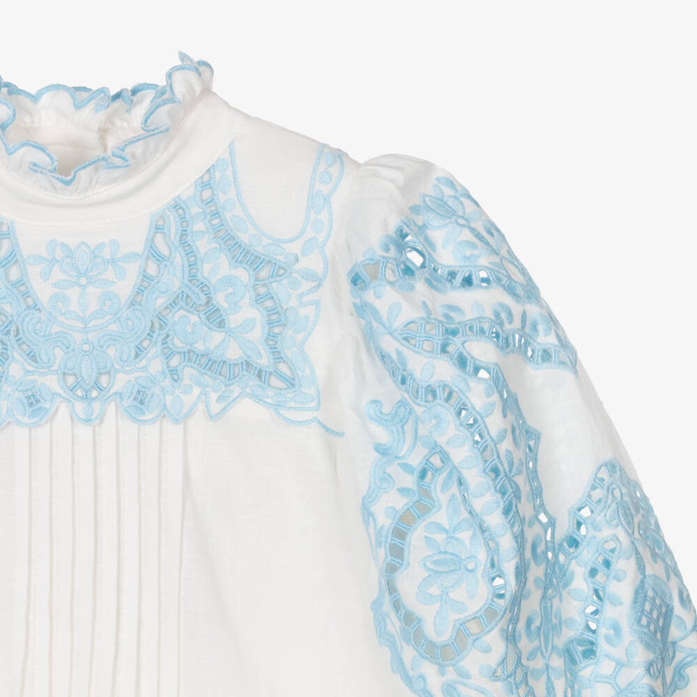 Petite Amalie-Girls White Embroidered Cotton & Linen Dress | Childrensalon Outlet