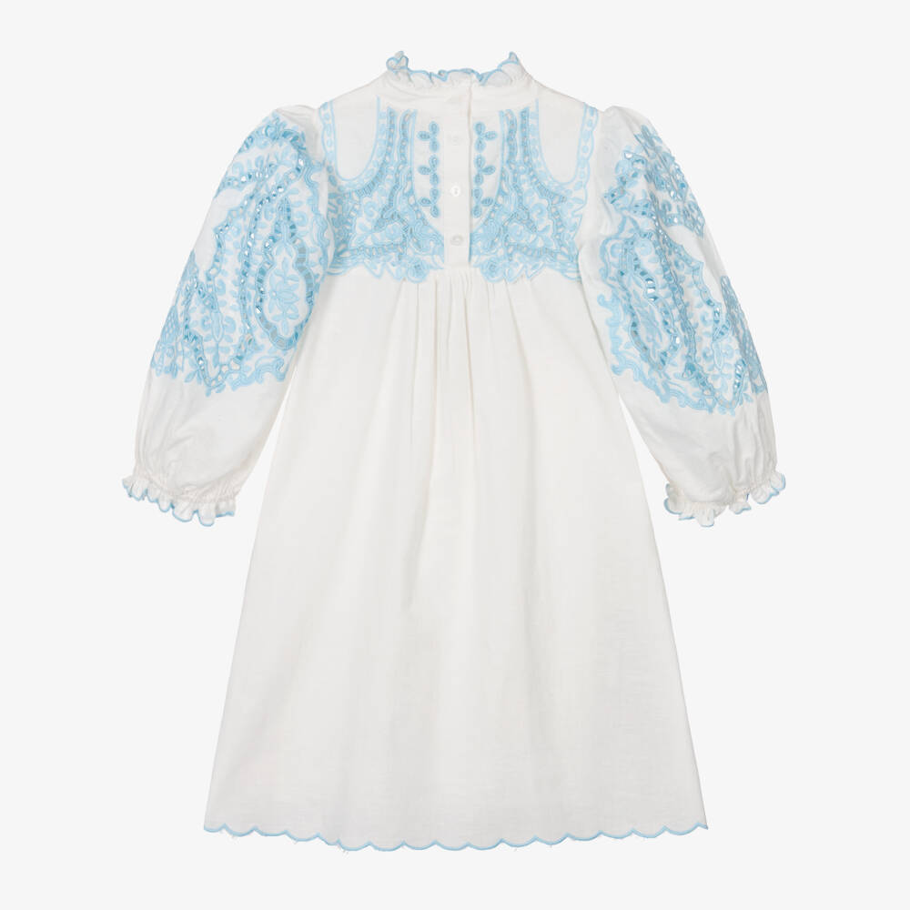 Petite Amalie-Girls White Embroidered Cotton & Linen Dress | Childrensalon Outlet