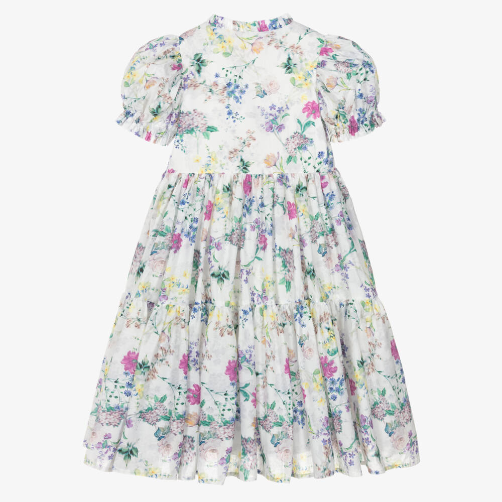 Petite Amalie-Girls White Floral Print Cotton Dress | Childrensalon Outlet