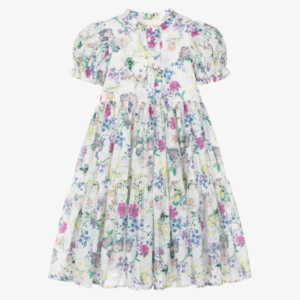 Petite Amalie-Girls White Floral Print Cotton Dress | Childrensalon Outlet