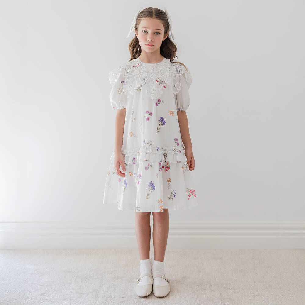 Petite Amalie-Girls White Floral Print Cotton Dress with Lace Collar | Childrensalon Outlet