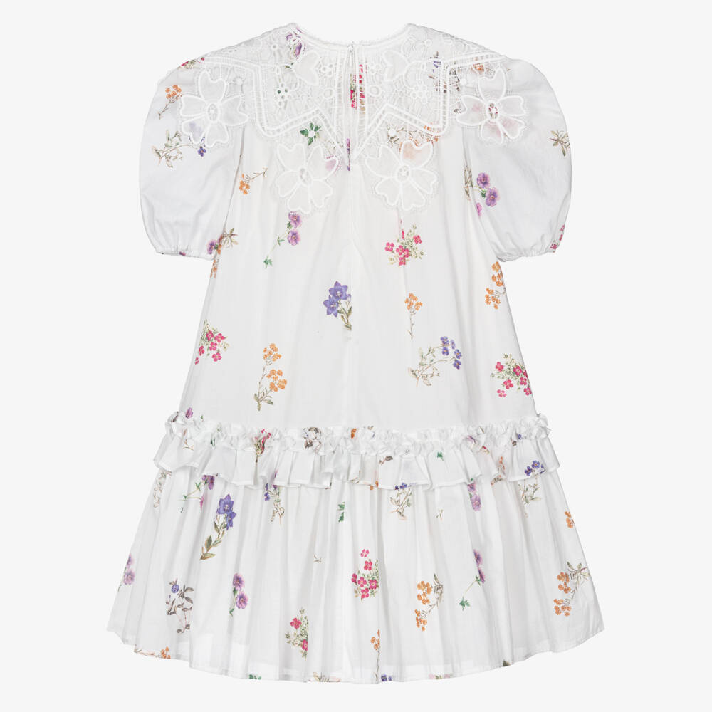 Petite Amalie-Girls White Floral Print Cotton Dress with Lace Collar | Childrensalon Outlet
