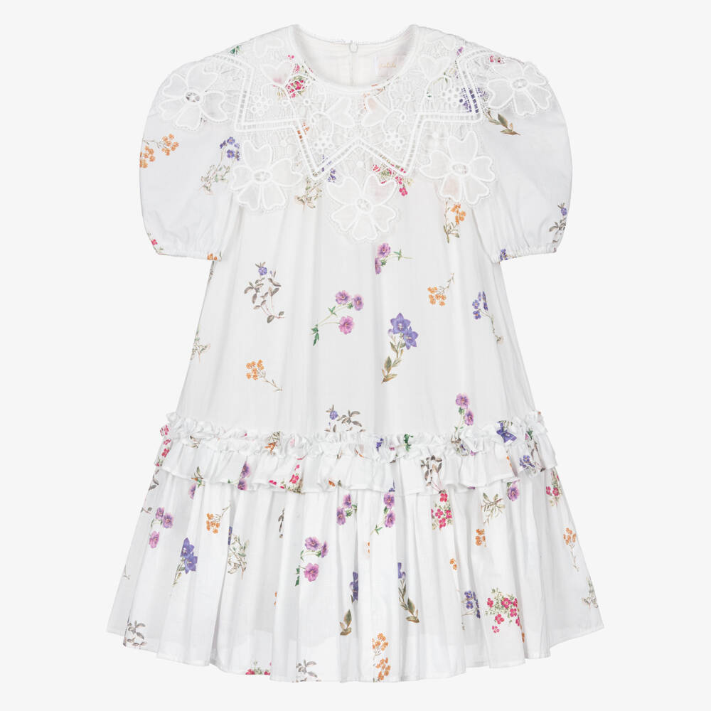 Petite Amalie-Girls White Floral Print Cotton Dress with Lace Collar | Childrensalon Outlet