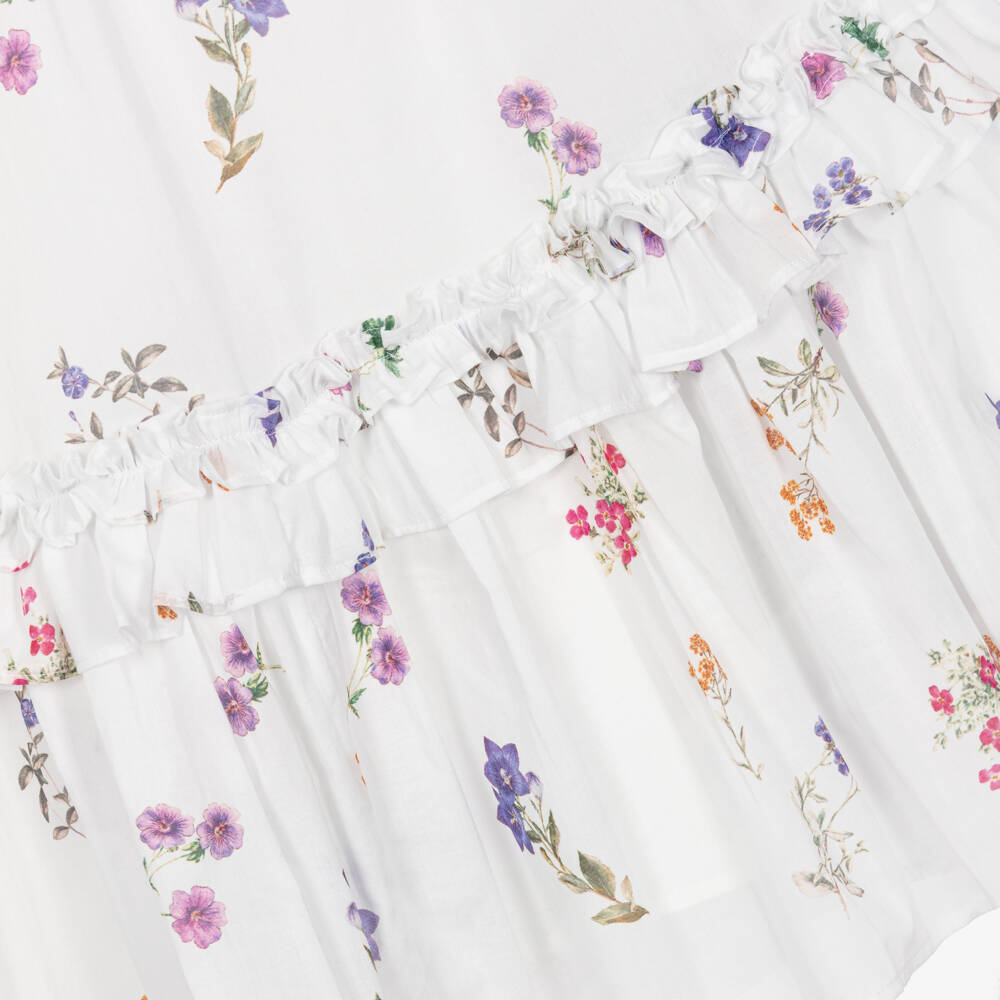 Petite Amalie-Girls White Floral Print Cotton Dress with Lace Collar | Childrensalon Outlet