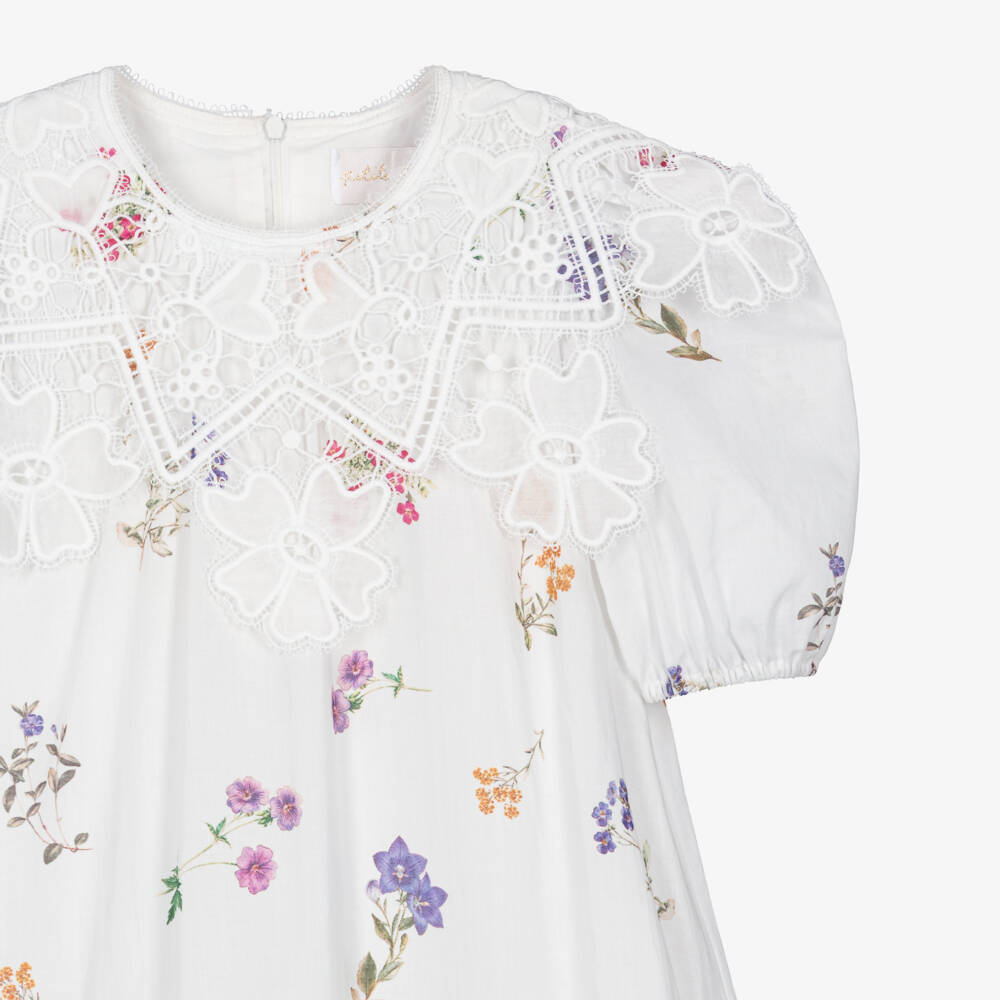 Petite Amalie-Girls White Floral Print Cotton Dress with Lace Collar | Childrensalon Outlet