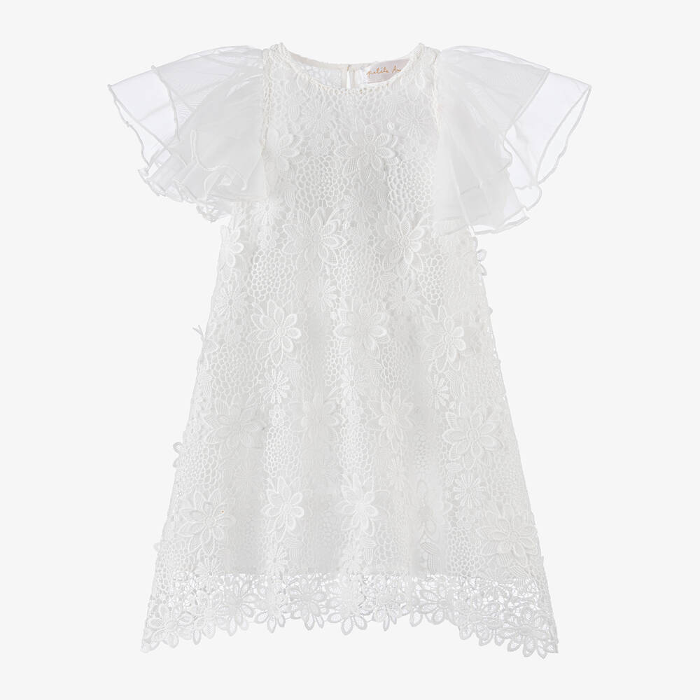 Petite Amalie - Girls White Guipure Lace Flutter Dress | Childrensalon ...