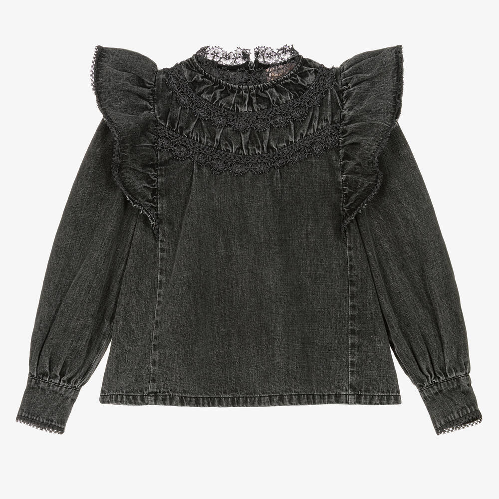 Petite Amalie - Черная блузка из потертого денима | Childrensalon