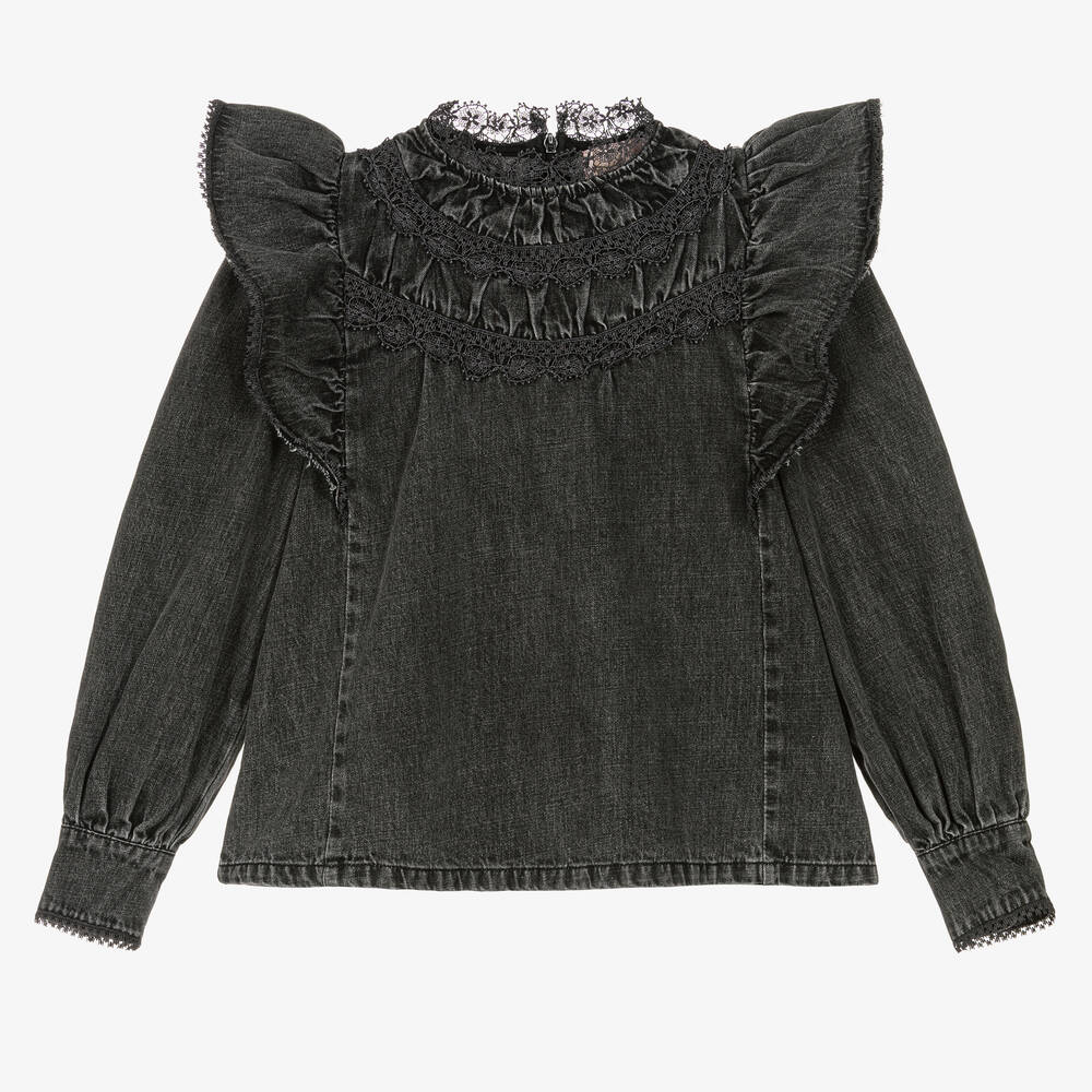 Petite Amalie - Teen Girls Black Washed Denim Blouse | Childrensalon