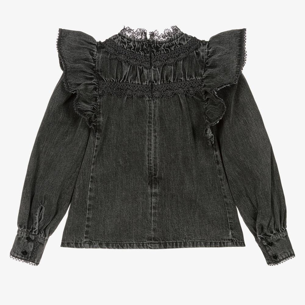 Petite Amalie-Teen Girls Black Washed Denim Blouse | Childrensalon Outlet