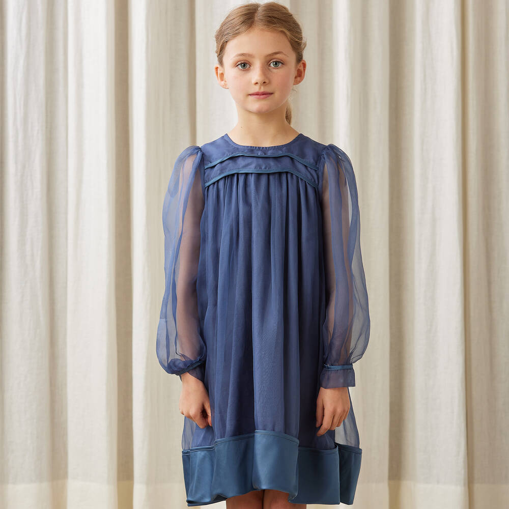 Petite Amalie-فستان حرير أورغانزا لون أزرق تينز بناتي | Childrensalon Outlet
