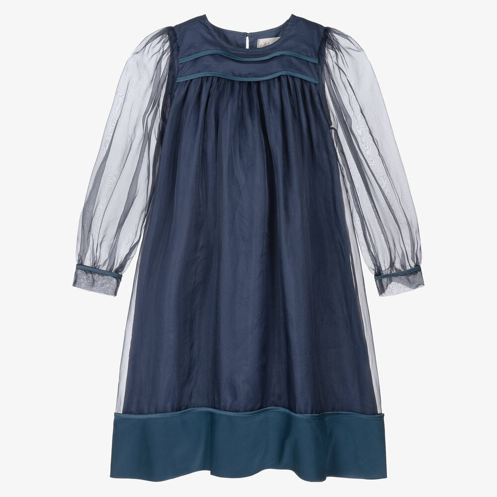 Petite Amalie - فستان حرير أورغانزا لون أزرق تينز بناتي | Childrensalon