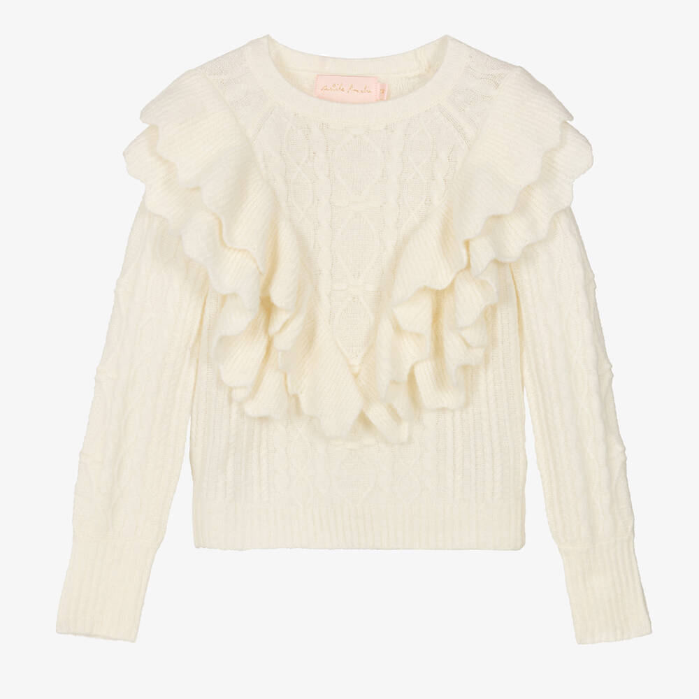 Petite Amalie - Teen Girls Ivory Cable Knit Wool Sweater | Childrensalon
