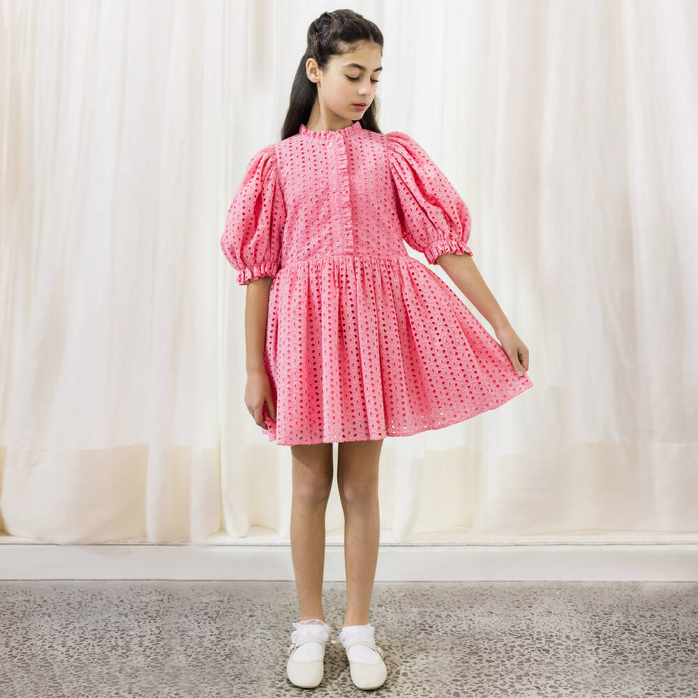 Petite Amalie Teen Girls Pink Broderie Anglaise Dress