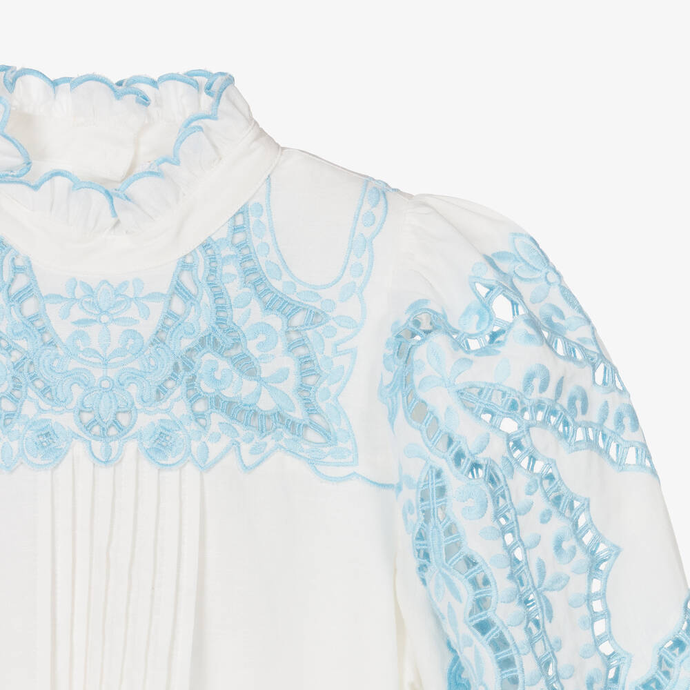 Petite Amalie - Teen Girls White & Blue Embroidered Dress ...