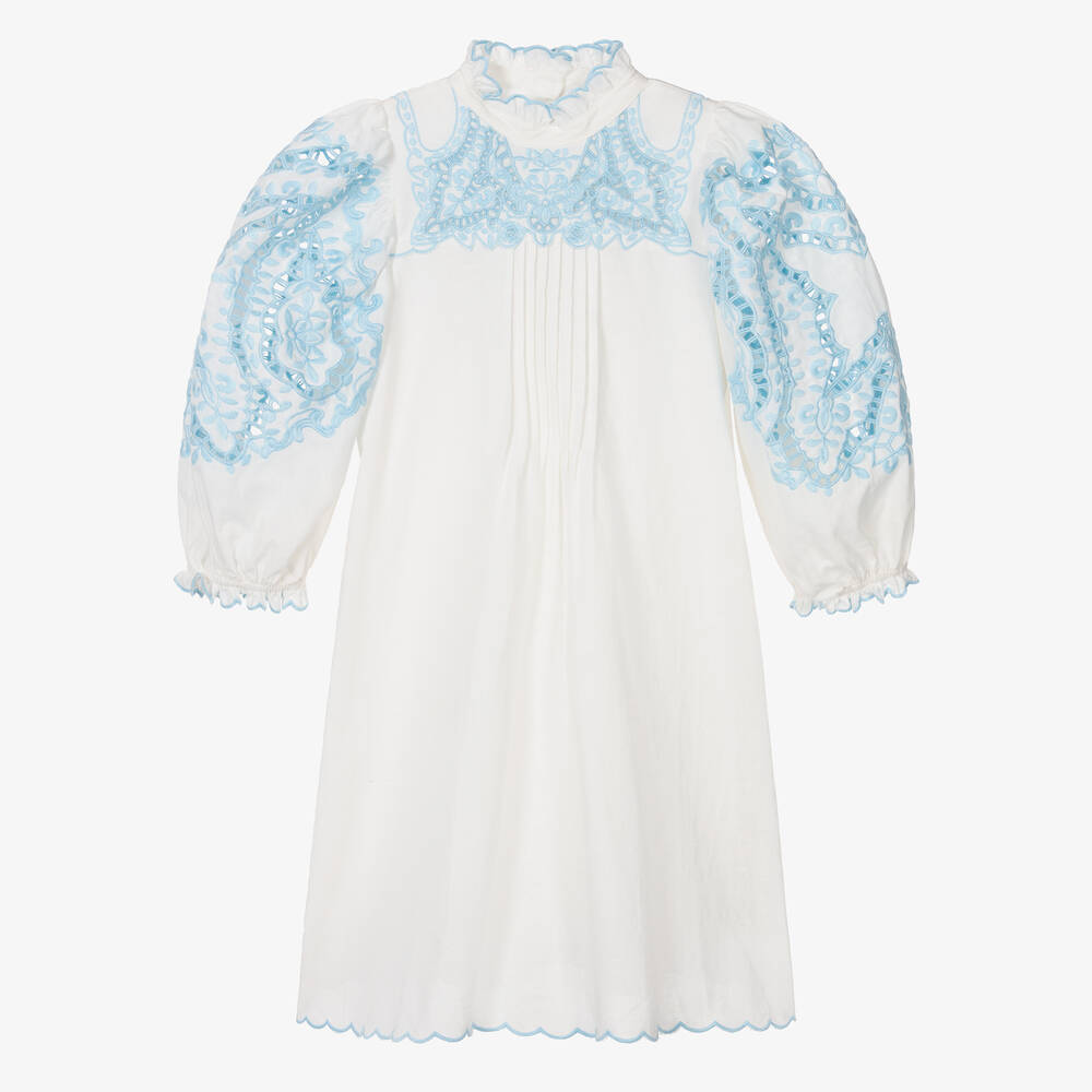 Petite Amalie - Teen Girls White & Blue Embroidered Dress ...