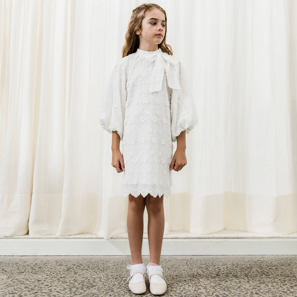 Petite Amalie - Teen Girls White Embroidered Floral Dress ...