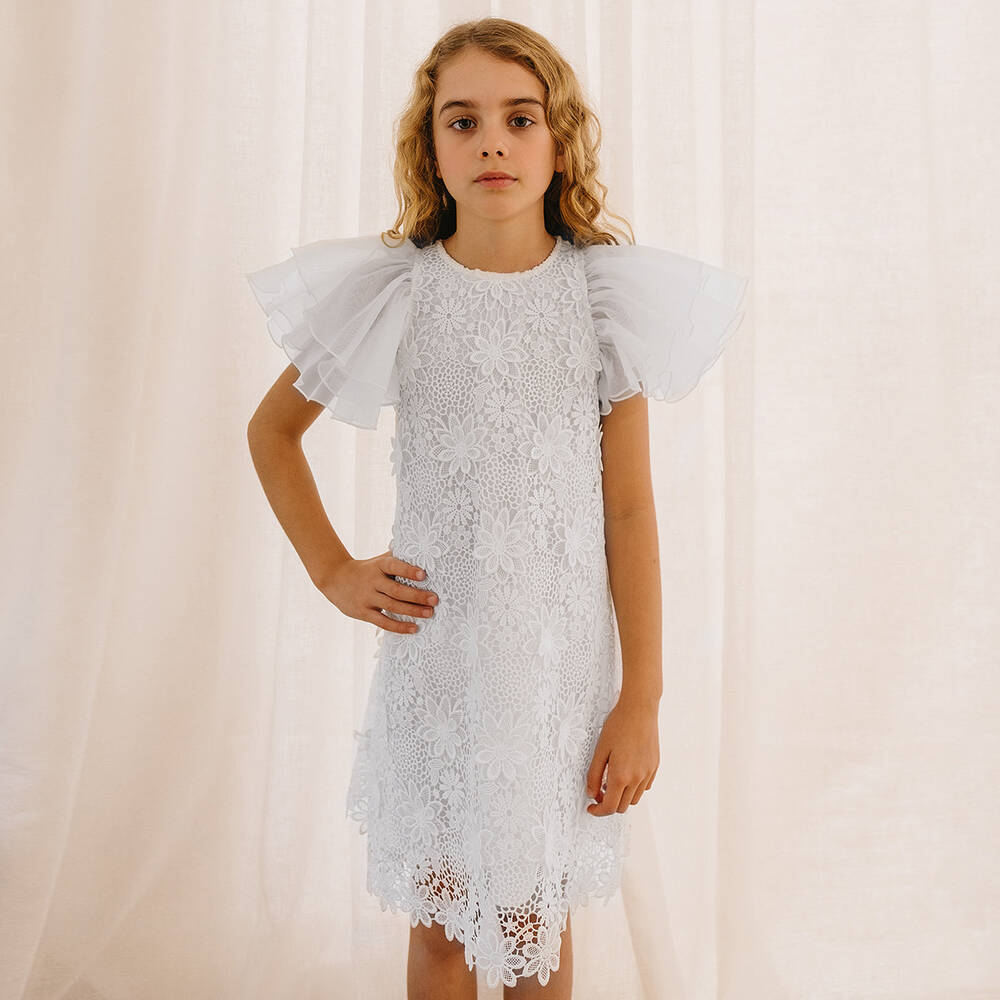Petite Amalie - Teen Girls White Guipure Lace Flutter Dress ...