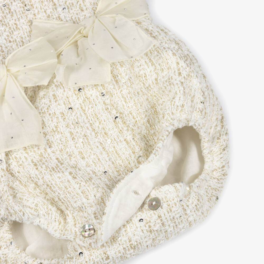 Phi Clothing-Baby Girls Ivory & Gold Tweed Shortie with Bows | Childrensalon Outlet