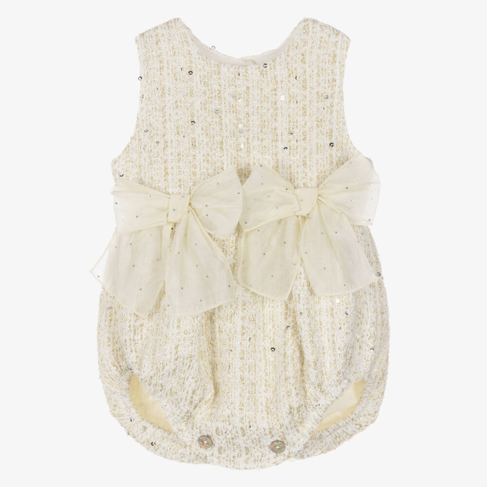 Phi Clothing-Baby Girls Ivory & Gold Tweed Shortie with Bows | Childrensalon Outlet